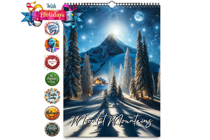 Kaleidoscope Artisan Wall Calendar - Moonlit Mountains cover featuring a snowy mountain landscape under a starry night sky