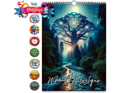 Kaleidoscope Artisan Wall Calendar cover with a magical tree illuminated by moonlight against a starry sky backdrop.