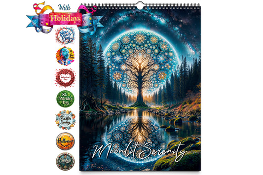 Cover A majestic tree illuminated by a glowing moon and intricate kaleidoscopic patterns reflecting in a serene river, surrounded by a dark enchanted forest.