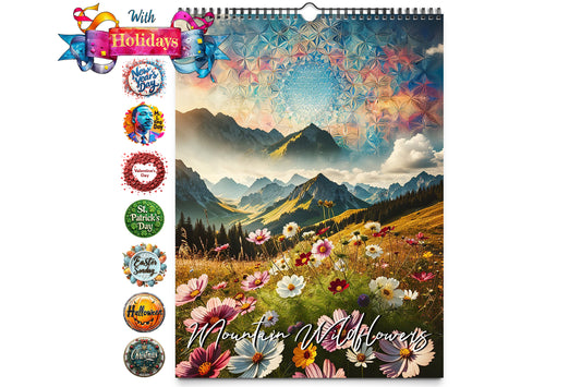 Cover image for the Kaleidoscope Artisan Wall Calendar - Mountain Wildflowers, featuring a vibrant display of wildflowers in front of a majestic mountain range under a patterned sky