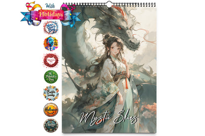 Cover image of the Kaleidoscope Artisan Wall Calendar Mystic Skies featuring a woman in traditional attire with a dragon behind her