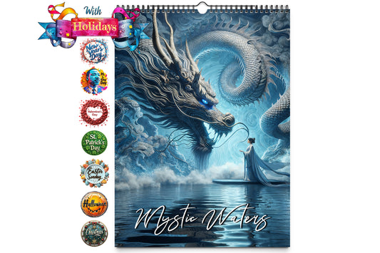 Kaleidoscope Artisan Wall Calendar Mystic Waters cover featuring an enchanting dragon emerging from mystic waters with intricate details and vibrant colors