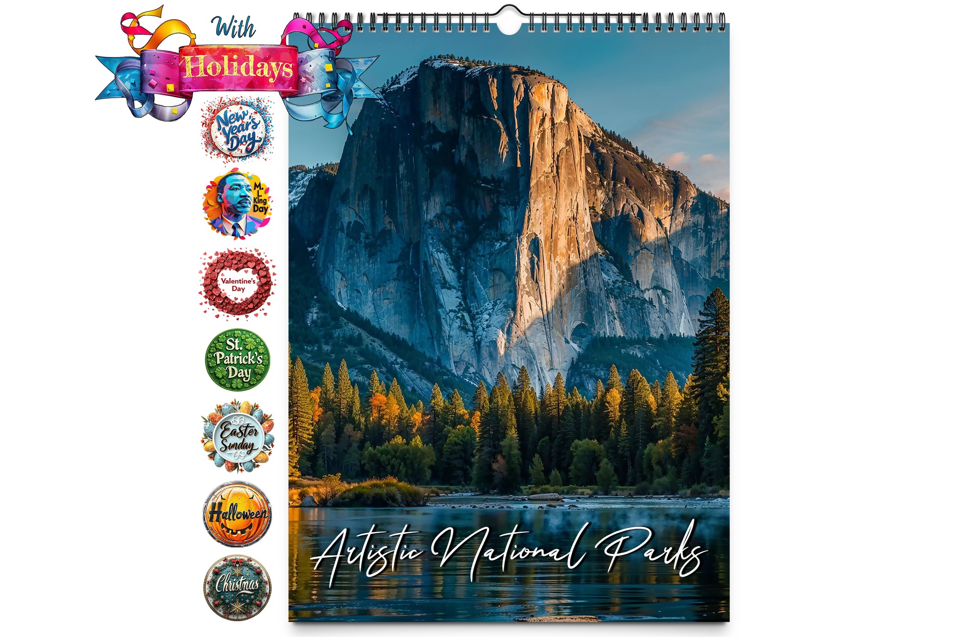 Cover image of the Kaleidoscope Artisan Wall Calendar featuring a stunning view of a national park with a mountain and lake, adorned with colorful holiday icons.