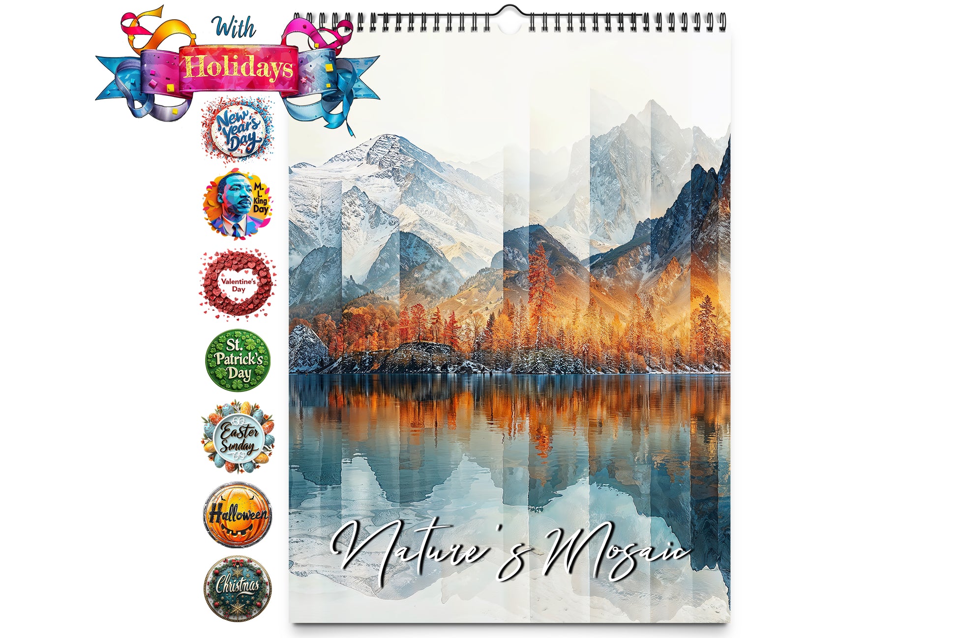 Vibrant wall calendar cover featuring a serene mountain landscape with autumnal colors reflected in a calm lake