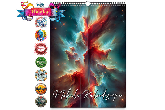 Cover image of the Nebula Kaleidoscope Artisan Wall Calendar featuring vibrant, swirling cosmic clouds in red, blue, and turquoise hues, highlighted with a festive holidays banner