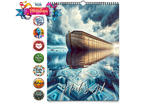 Cover of Kaleidoscope Artisan Wall Calendar titled Noahs Ark featuring an artistic representation of the Ark on water with a dramatic sky