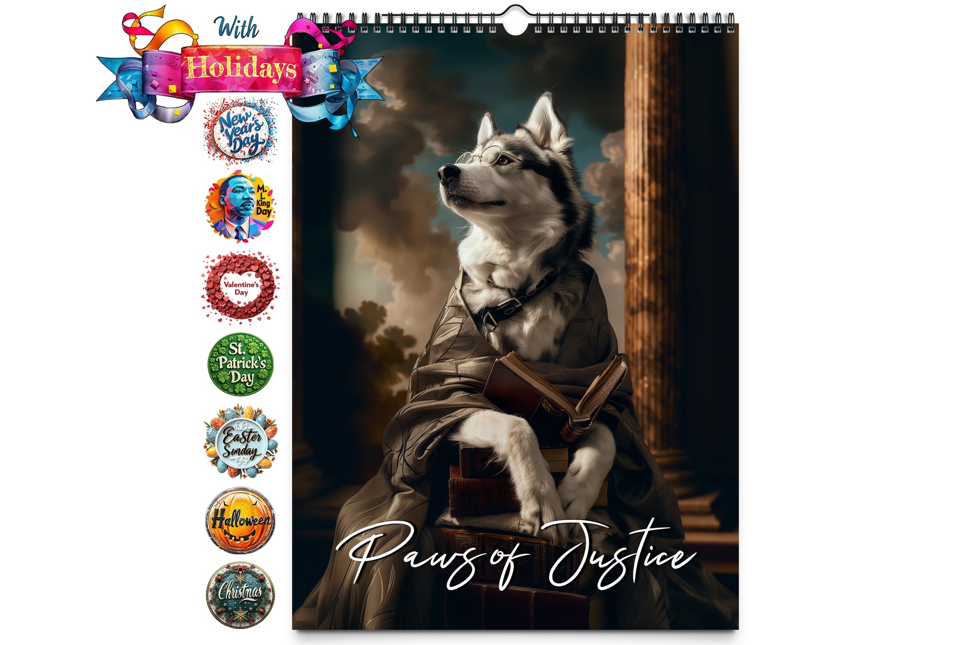 Cover image of the Paws of Justice wall calendar featuring a Siberian Husky in a judge's robe, holding a book with holiday icons along the side