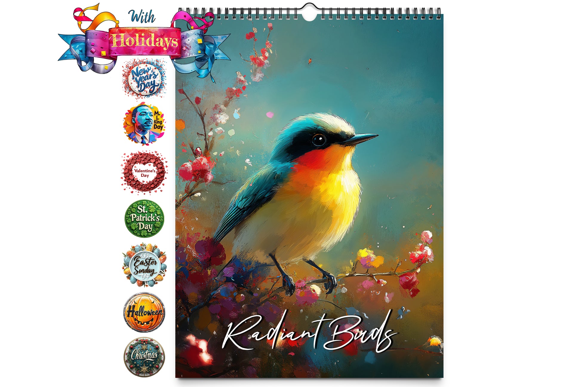 Cover of the Radiant Birds Kaleidoscope Wall Calendar featuring a vibrant bird perched on a branch with colorful blossoms and holiday icons displayed along the side.