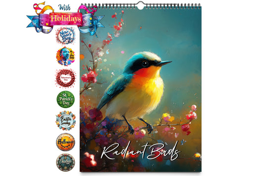 Cover of the Radiant Birds Kaleidoscope Wall Calendar featuring a vibrant bird perched on a branch with colorful blossoms and holiday icons displayed along the side.