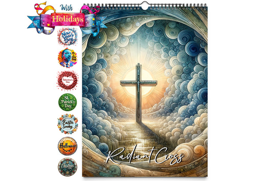 Kaleidoscope Artisan Wall Calendar titled Radiant Cross, featuring a central glowing cross with a radiant light beam, set against a backdrop of swirling blue clouds and a golden horizon.