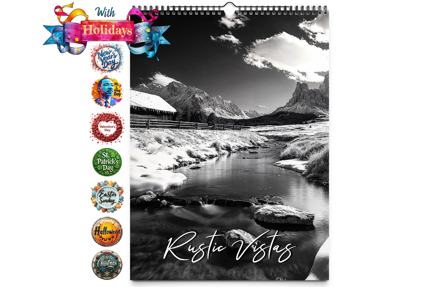 Cover of the Rustic Vista Wall Calendar featuring a serene snow-covered landscape with a small stream flowing through a rural setting surrounded by mountains