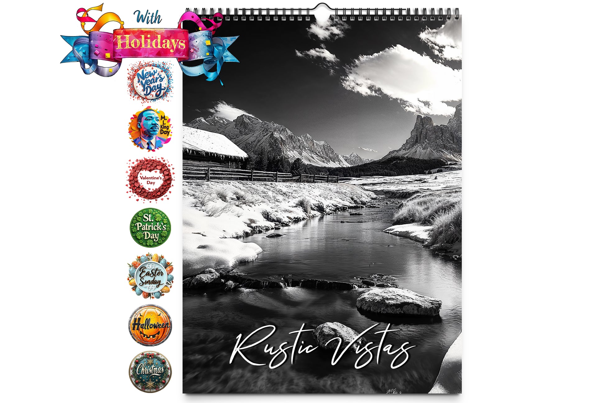 Cover of the Rustic Vista Wall Calendar featuring a serene snow-covered landscape with a small stream flowing through a rural setting surrounded by mountains