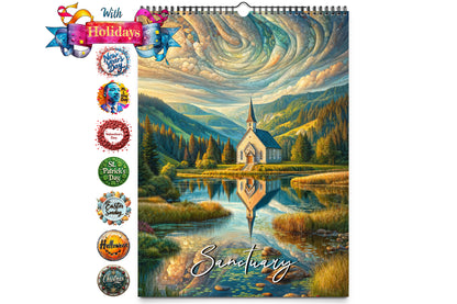 Kaleidoscope Artisan Wall Calendar Sanctuary cover image featuring a serene chapel reflected in a tranquil lake with vibrant landscape and swirling sky patterns