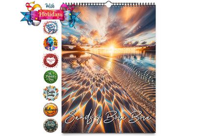 Kaleidoscope Artisan Wall Calendar cover featuring a sunset on the Sands of Bora Bora with a banner showcasing various holidays