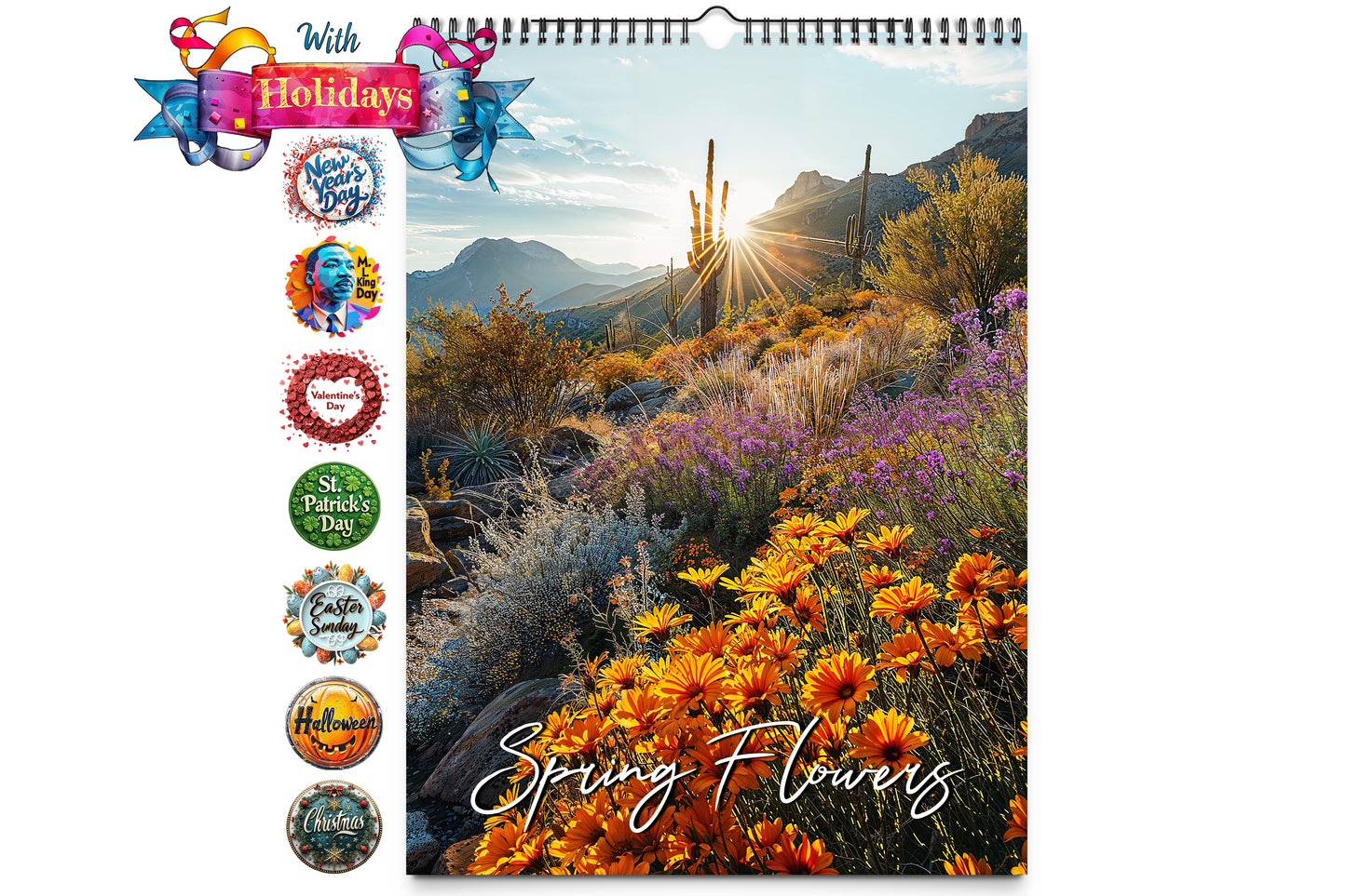 Vibrant desert landscape with blooming orange and purple wildflowers and a radiant sunset, featuring holiday icons along the side.