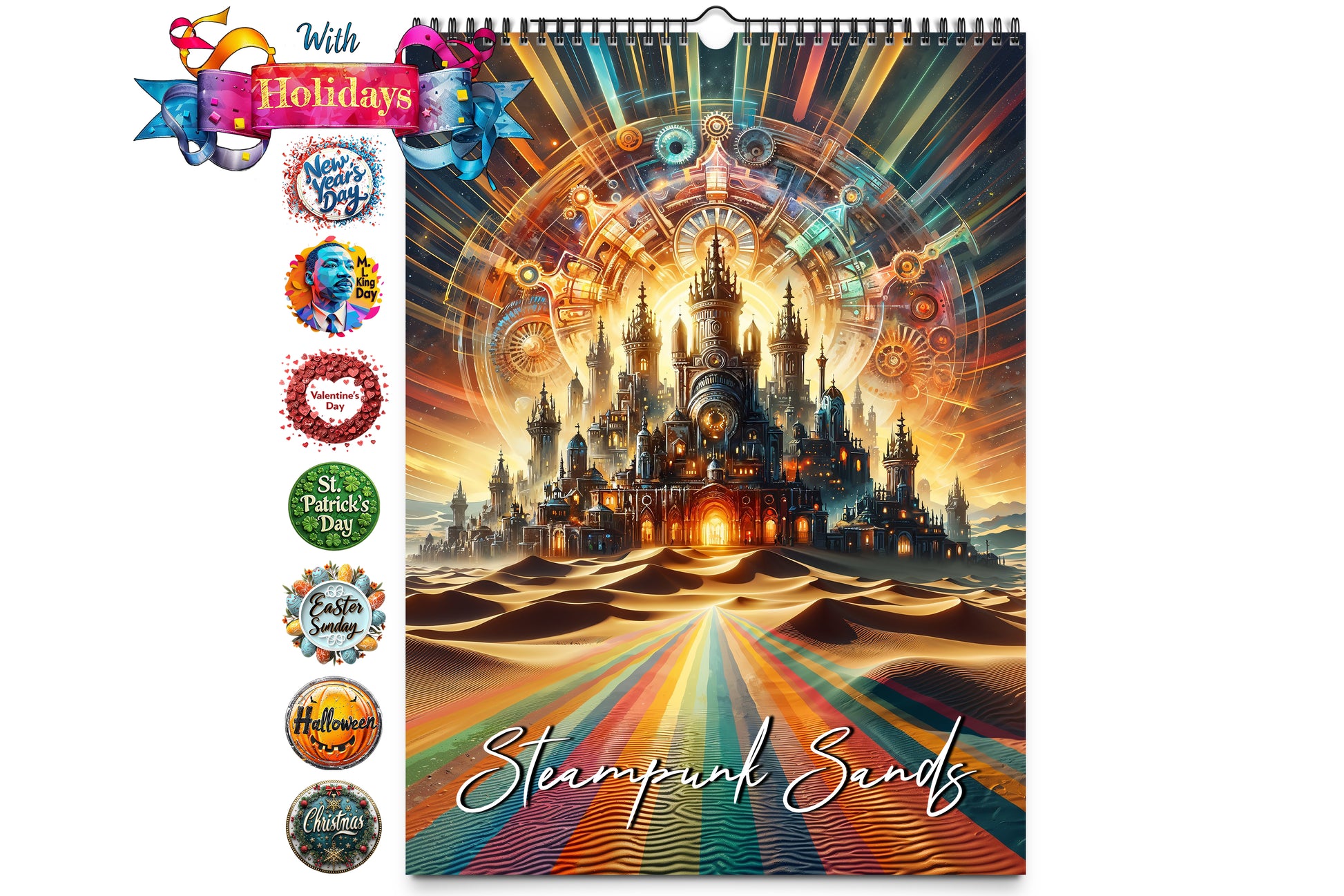 Artistic steampunk-themed cover with vibrant gears and a futuristic cityscape for the 2025 Kaleidoscope Artisan Wall Calendar featuring Steampunk Sands