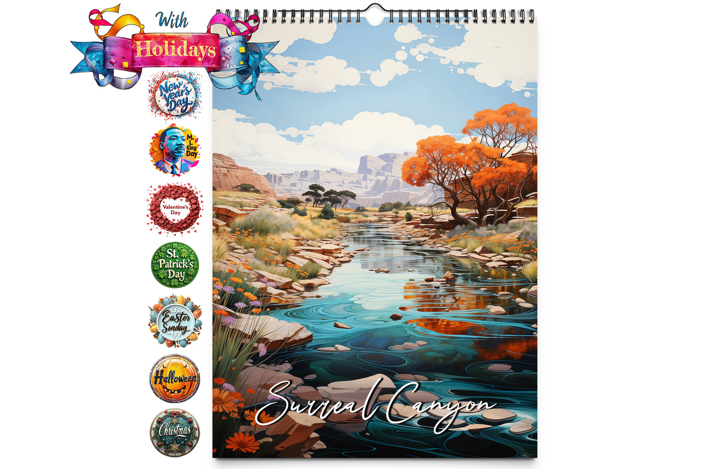 Surreal Canyon wall calendar cover showcasing a tranquil desert landscape with a river surrounded by orange trees under a bright blue sky, with holiday icons along the left side