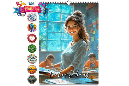 A cheerful teacher in a sunlit classroom surrounded by attentive students, exuding warmth and enthusiasm, with "Teacher Heroes" title displayed.