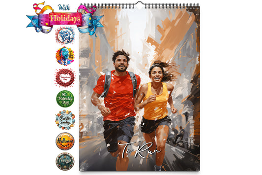 Cover of the To Run calendar featuring two runners, a man in a red shirt and a woman in a yellow shirt, running through an abstract urban backdrop with a holiday ribbon and various holiday icons on the side