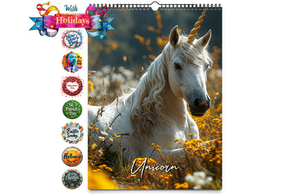 Cover image featuring a majestic white unicorn with a golden horn lying in a field of yellow flowers, surrounded by holiday icons