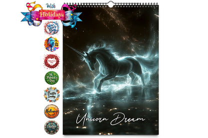 Cover image of the Unicorn Dream Wall Calendar featuring a glowing white unicorn prancing across a shimmering landscape