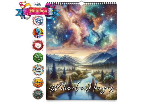 Cover image of the Watercolor Horizons calendar featuring a vibrant landscape with mountains, a river, and a colorful, swirling sky