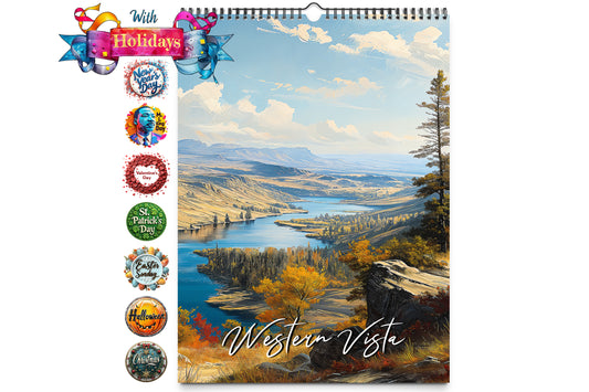 Colorful Western landscape cover with lake and mountain view featuring 2025 holidays and major holiday icons on the side