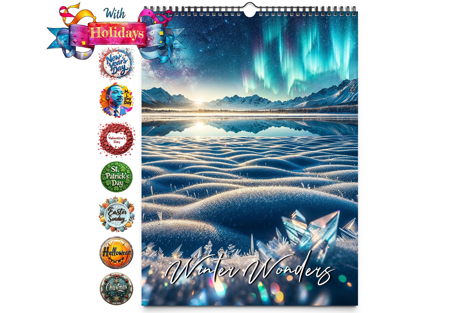 Cover image featuring a vibrant display of the Northern Lights over a snow-covered landscape and holiday highlights