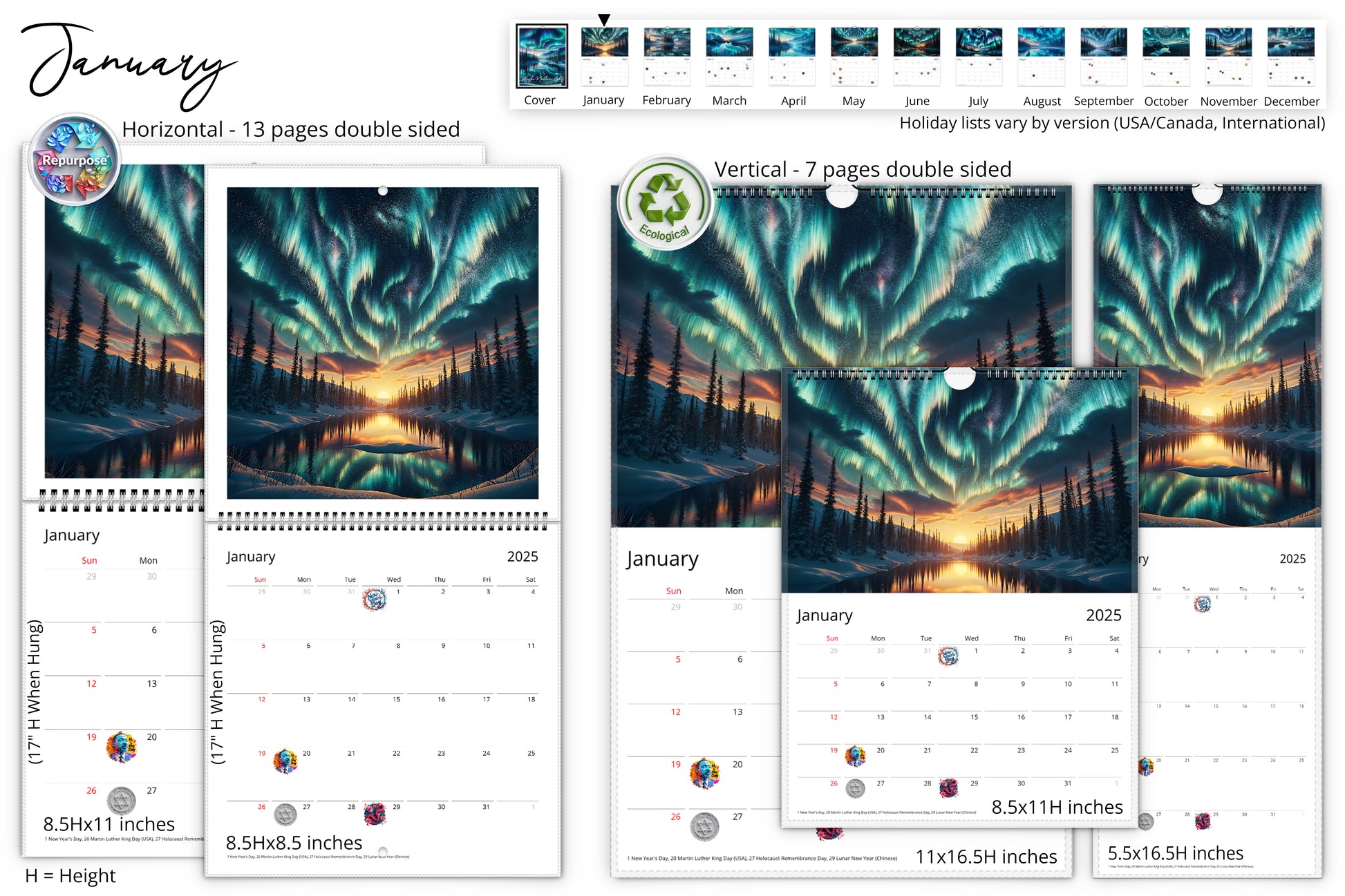 January calendar page showing a breathtaking view of the northern lights over a snowy forest with a monthly calendar layout