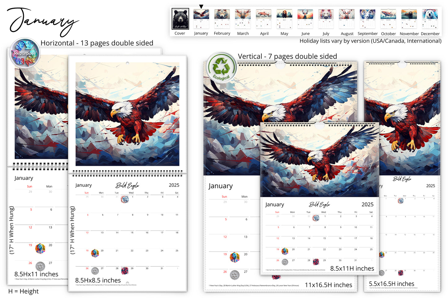 January calendar page showing a geometric bald eagle in flight with multiple sizes displayed including 8.5x11 inches, 8.5x8.5 inches, 11x16.5 inches, and 5.5x16.5 inches