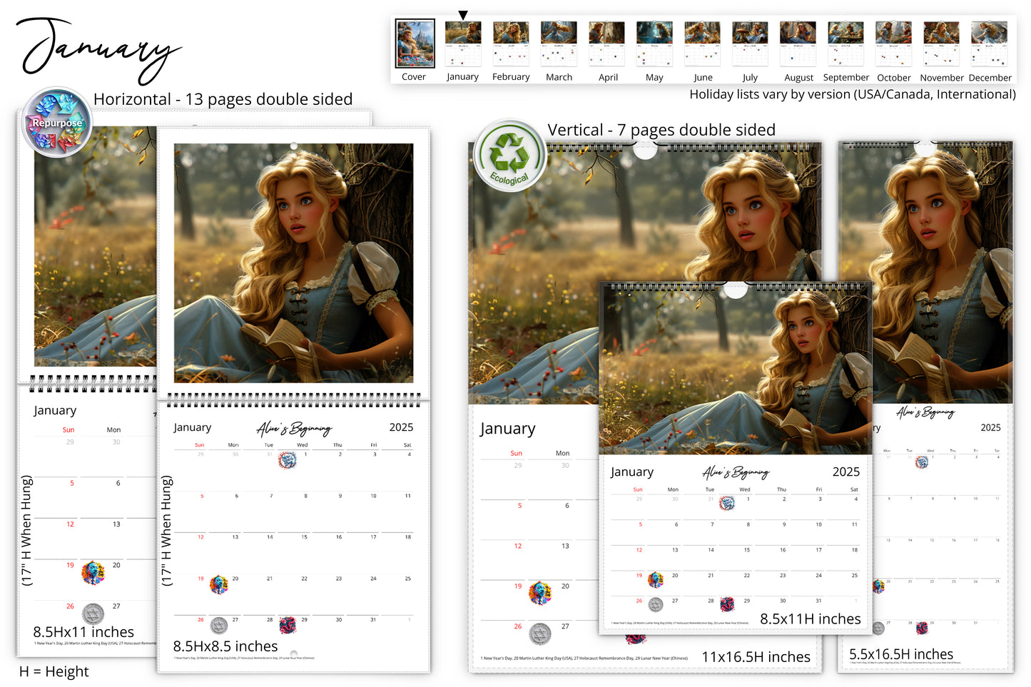 January calendar page featuring Alice sitting under a tree reading a book in a serene setting
