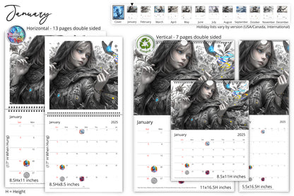 January page layout of the Anime Inspired Enchantress calendar showcasing a grayscale image of a young enchantress holding a butterfly with intricate floral details, available in horizontal and vertical formats