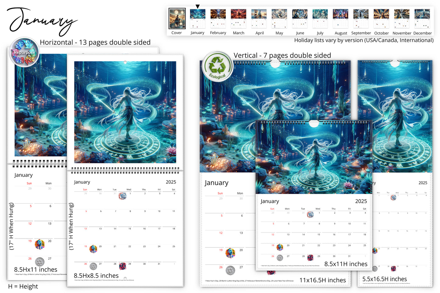 January calendar page showing a mystical underwater scene with a figure standing on a magic circle, glowing with vibrant blue hues, and surrounded by sea creatures.