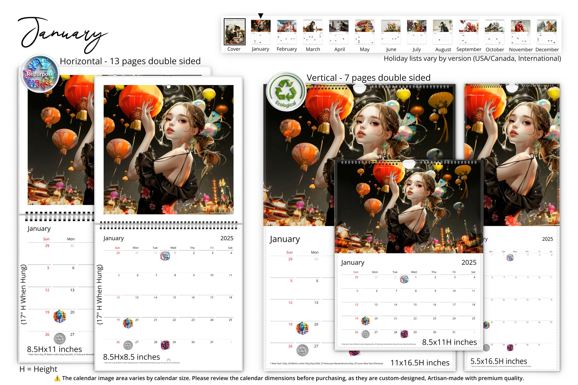 January page with a girl holding lanterns against a festival backdrop, shown in multiple calendar formats with eco-friendly and repurpose icons