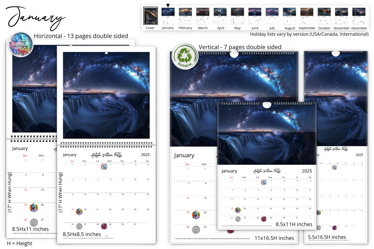 January page of the Artistic Waterfall calendar with a breathtaking waterfall scene under the Milky Way