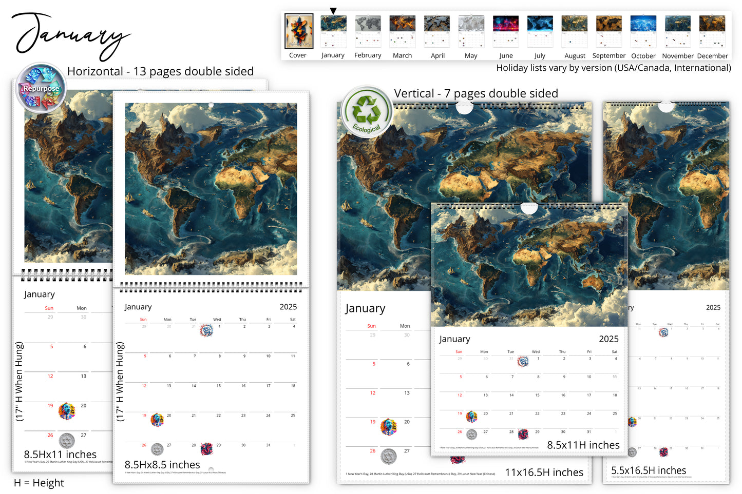 January page of Artistic World Map Wall Calendar showing a detailed and artistic rendering of Earth’s continents with different size options