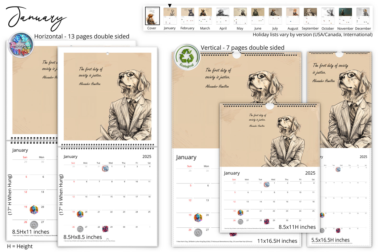 January page of the Canine Counsel Wall Calendar showing a sketch of a dog in a suit. The first duty of society is justice by Alexander Hamilton. Includes calendar grid with holiday markings.