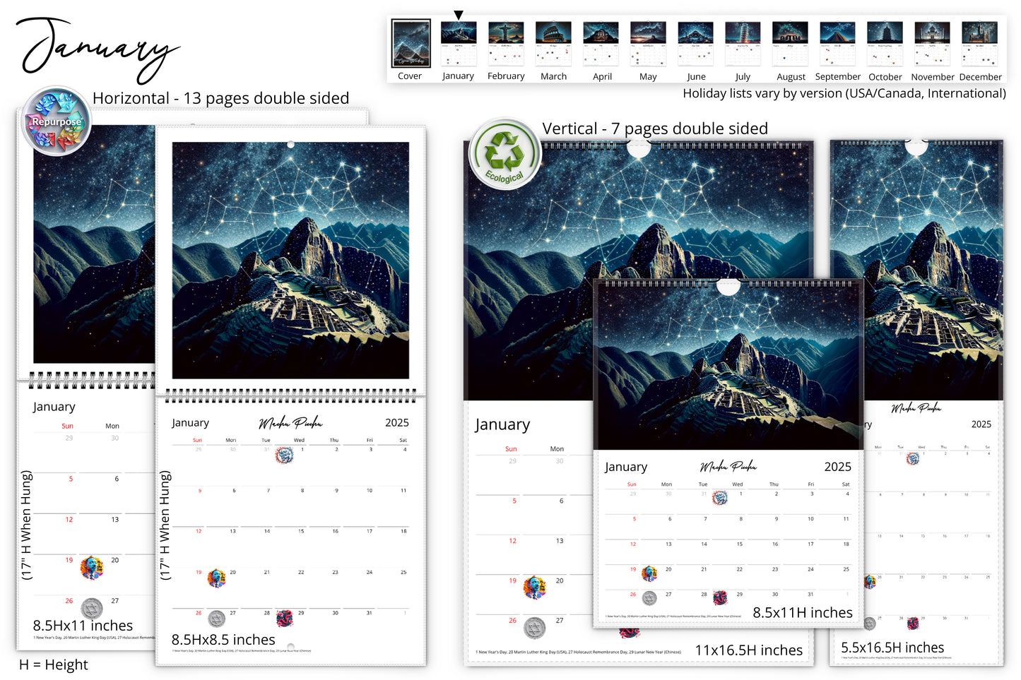 January calendar page showcasing Machu Picchu under a star-filled sky with constellations, available in multiple sizes