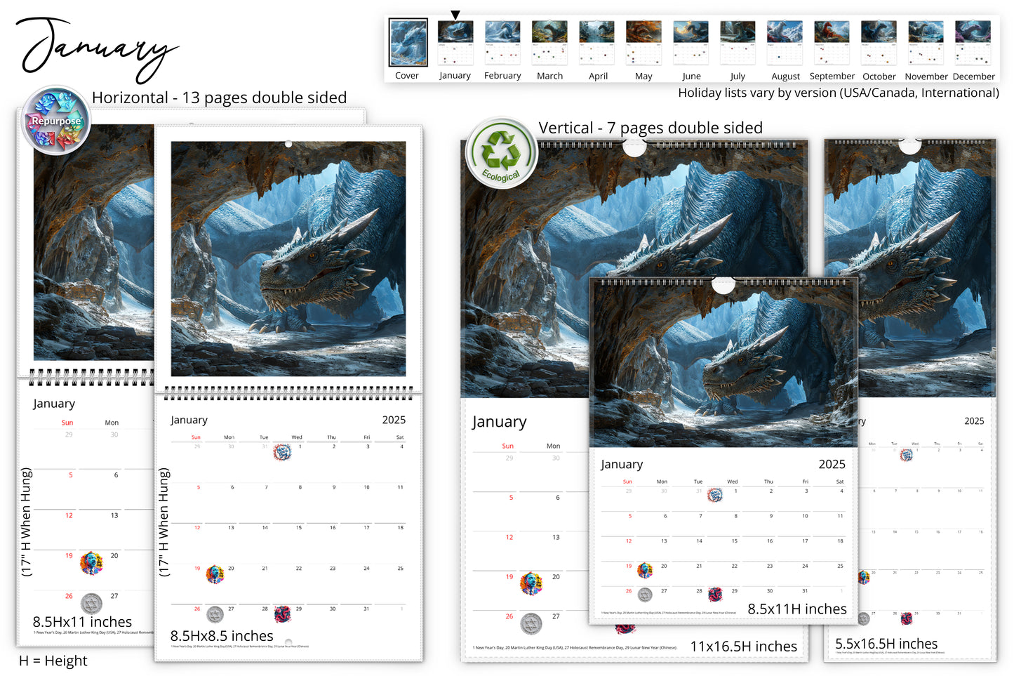 January calendar page showing a dragon in a rocky cave with monthly calendar layout