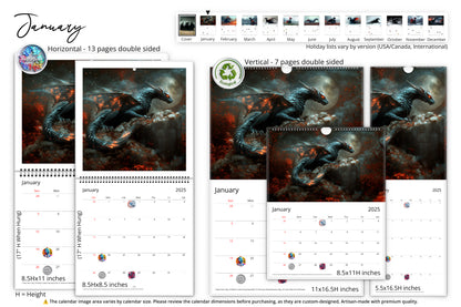 January page: black dragon with red eyes on a rocky mountain under a stormy sky, calendar in vertical and horizontal formats.