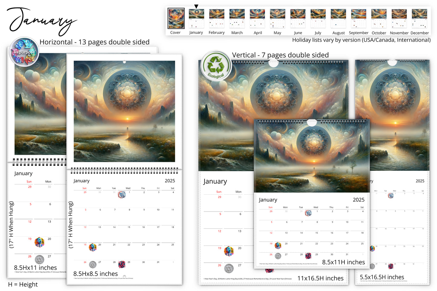 January page of the Edge of Eternity calendar showcasing a surreal landscape with a sunset, abstract circular patterns in the sky, and multiple sizes and formats of the calendar