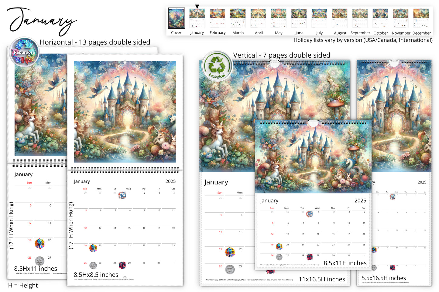 January page of the Enchanted calendar showing a magical castle scene with unicorns and lush gardens, available in different sizes and formats