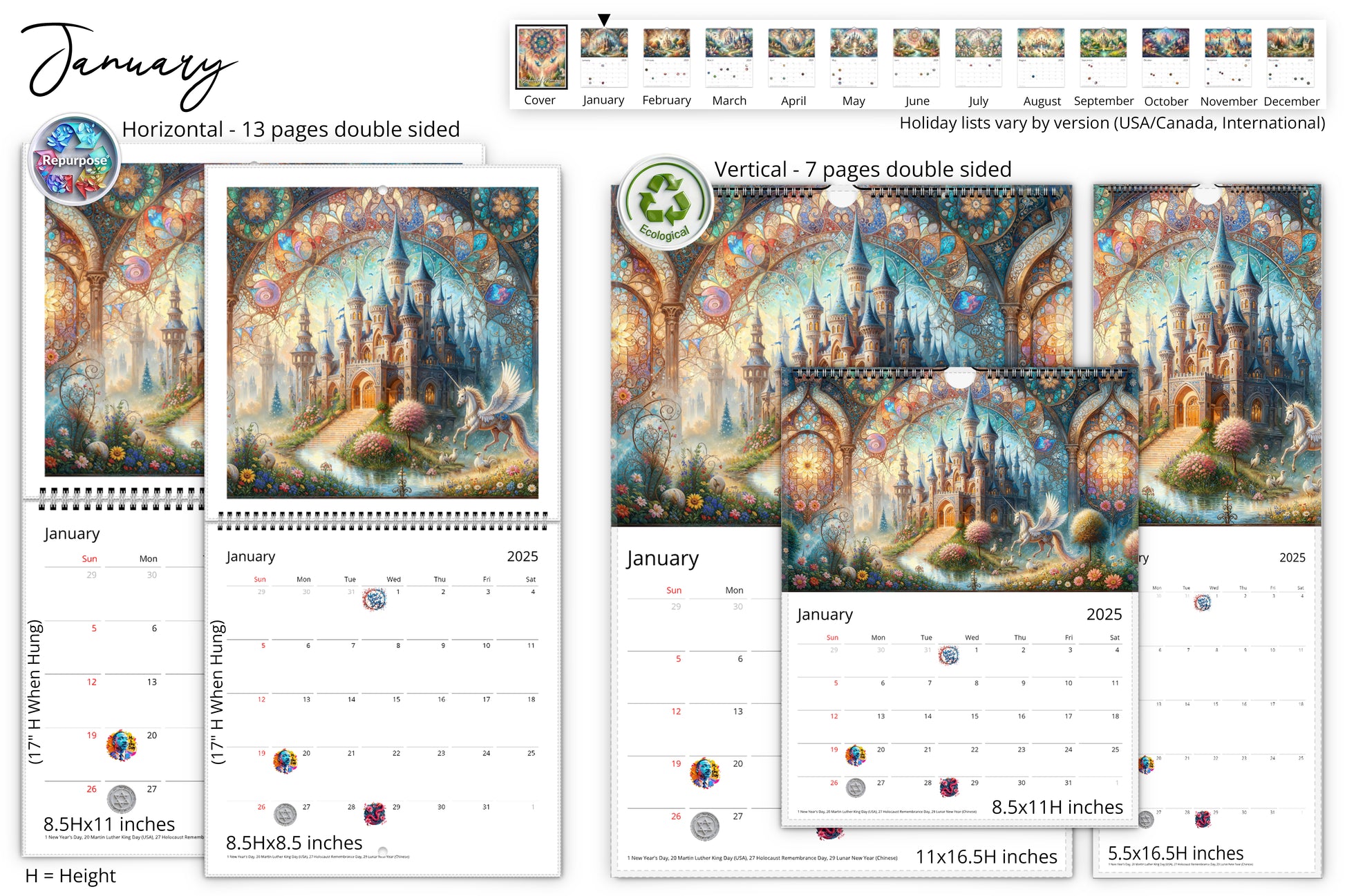 January calendar page featuring a majestic castle surrounded by vibrant flowers and mystical creatures in a fantasy landscape