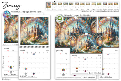 January calendar page featuring a majestic castle surrounded by vibrant flowers and mystical creatures in a fantasy landscape