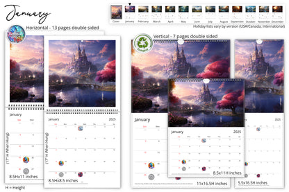 January calendar pages displayed in various formats with a stunning castle by a serene river scene for the month