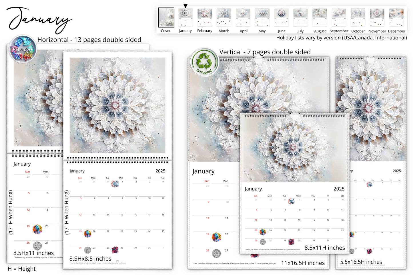 Inside pages of a wall calendar showcasing January in various formats, with artistic white floral imagery and eco-friendly symbols on a horizontal and vertical layout.