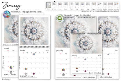 Inside pages of a wall calendar showcasing January in various formats, with artistic white floral imagery and eco-friendly symbols on a horizontal and vertical layout.