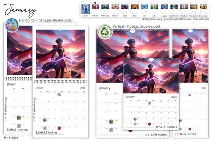 January calendar page featuring a warrior with a glowing staff against a sunset background in various sizes