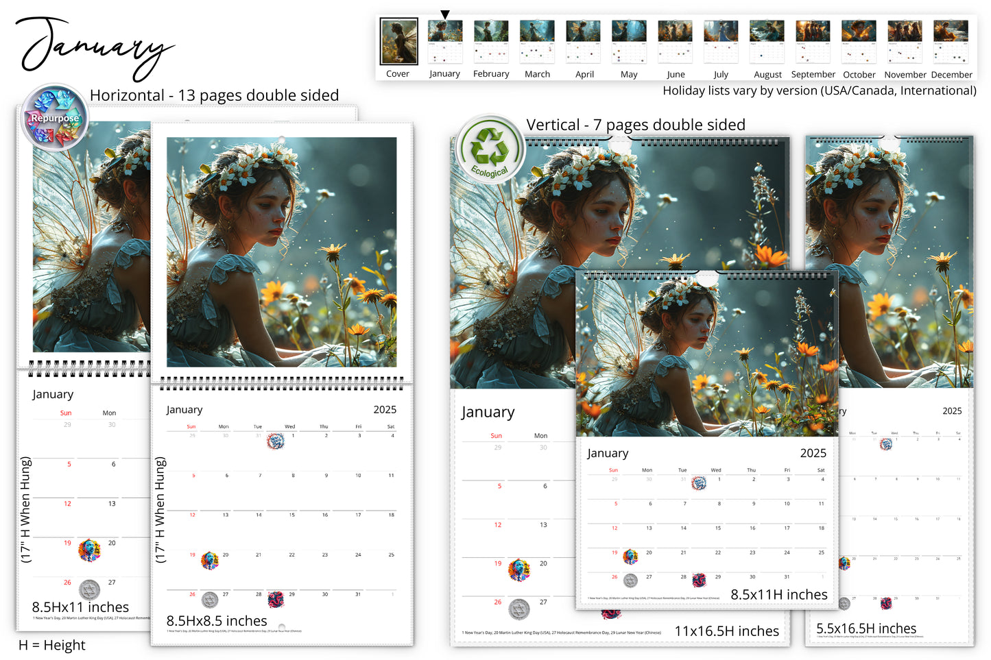 January page of the calendar showing a fairy with a flower crown in a field of flowers with various sizes of the calendar displayed