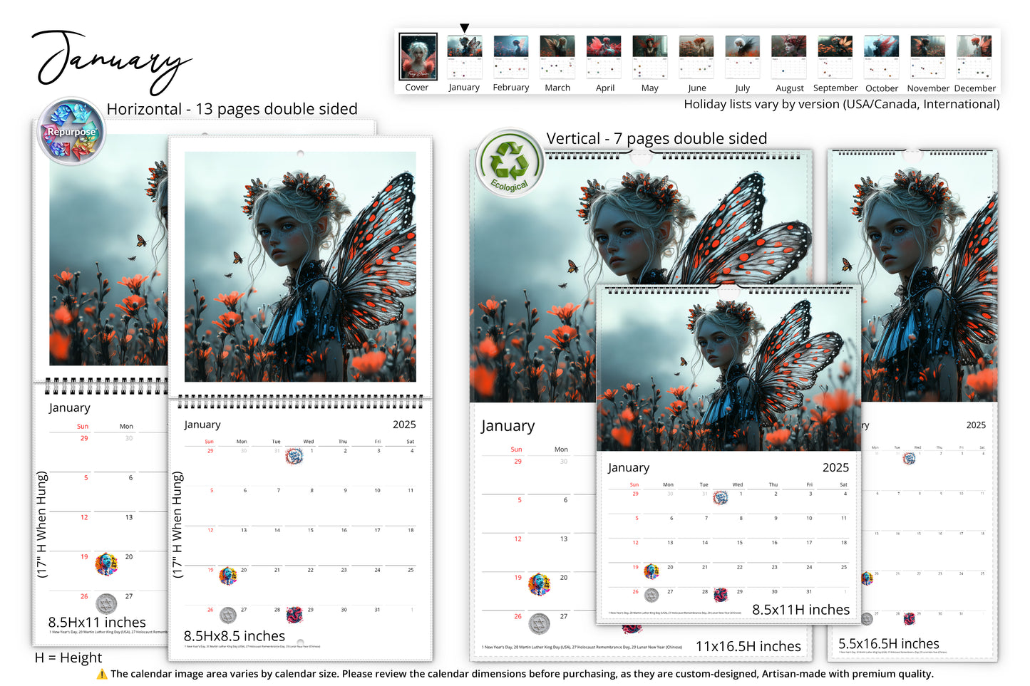 A fairy with dark butterfly wings stands among red poppies in a misty field. The calendar is shown in both vertical and horizontal formats, featuring eco-friendly badges and holiday markers.